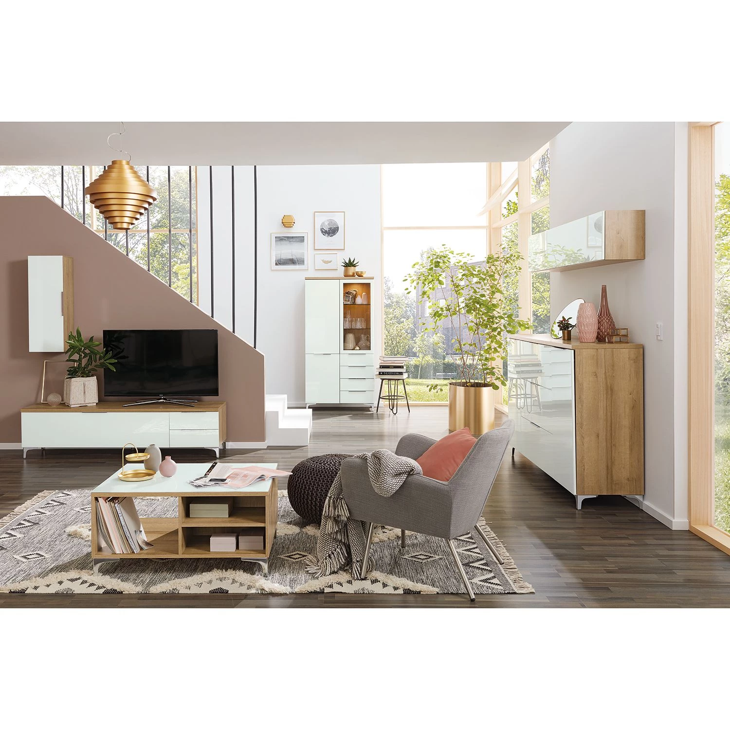 Maja Möbel Meuble murale Shino I - Verre blanc / Imitation chêne de Riviera - Largeur : 180 cm – Image 2