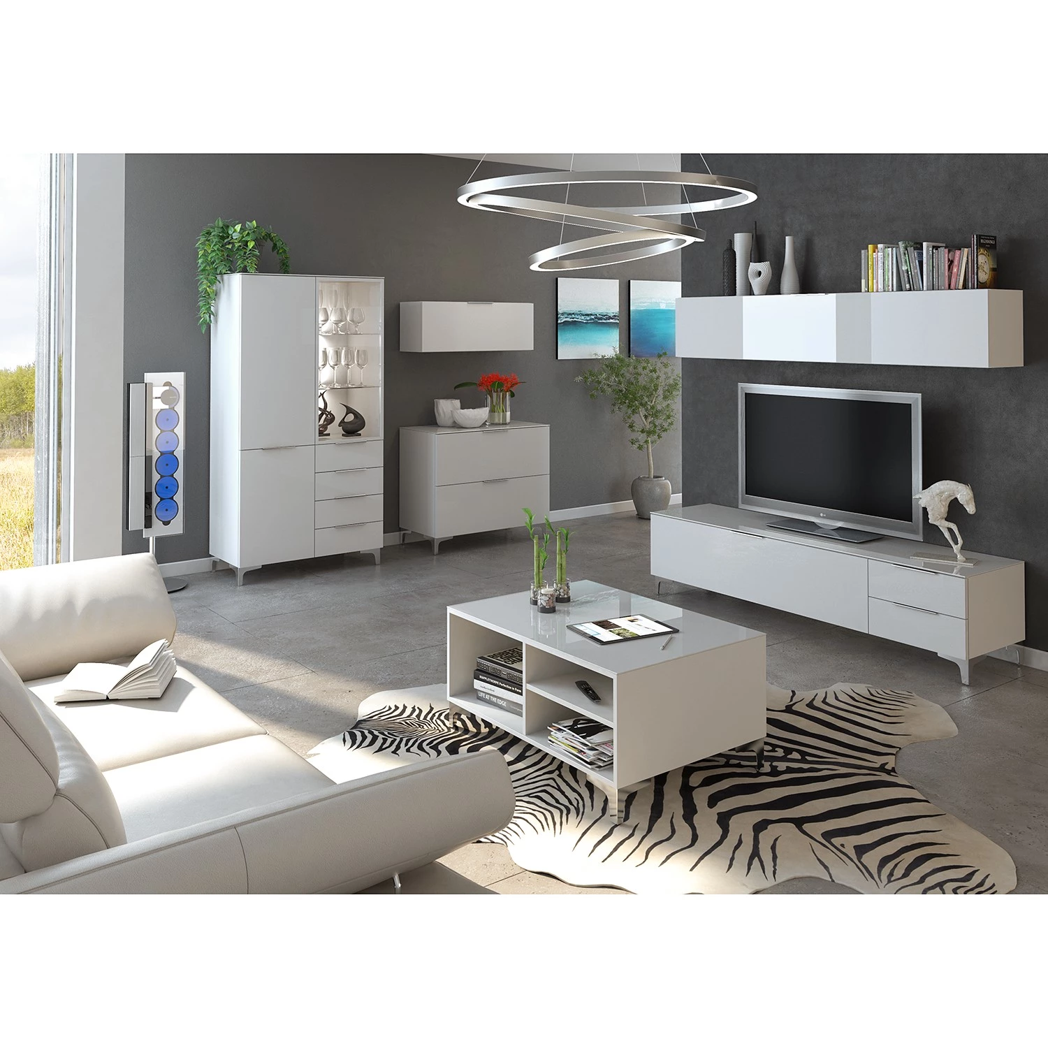 Maja Möbel Meuble murale Shino I - Verre blanc / Blanc - Largeur : 180 cm – Image 3