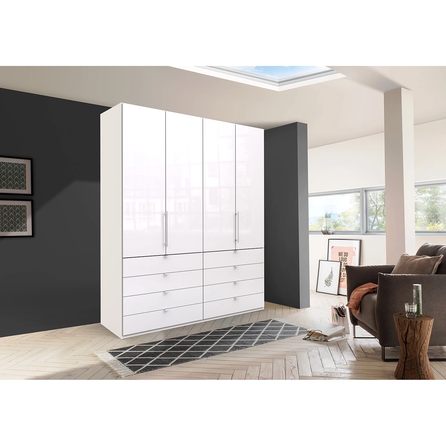 Wiemann Armoire à portes pliantes Loft II - Blanc alpin / Verre blanc - Hauteur : 236 cm - Largeur : 200 cm – Image 2