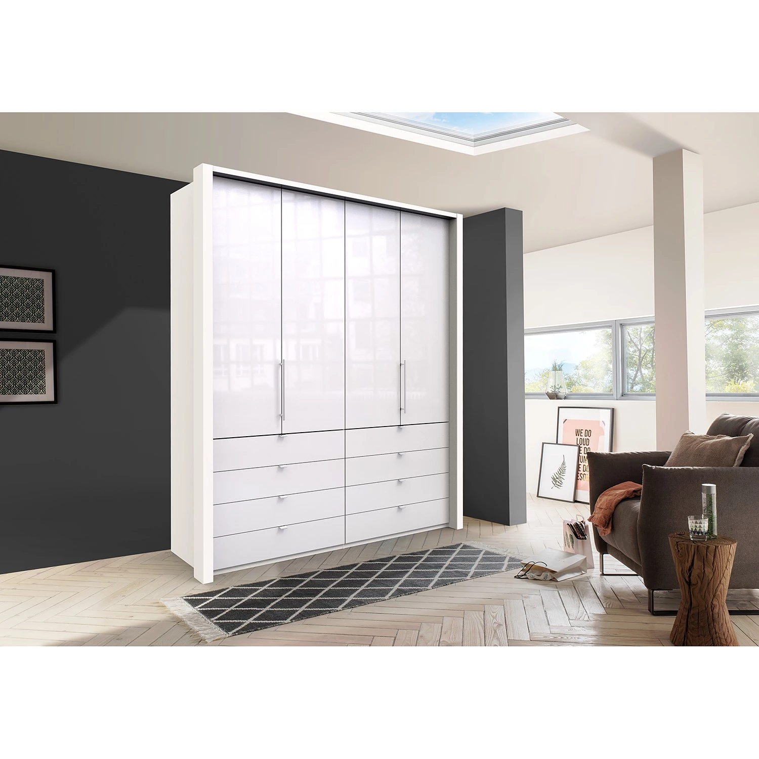 Wiemann Armoire à portes pliantes Loft II - Blanc alpin / Verre blanc - Hauteur : 236 cm - Largeur : 200 cm – Image 3