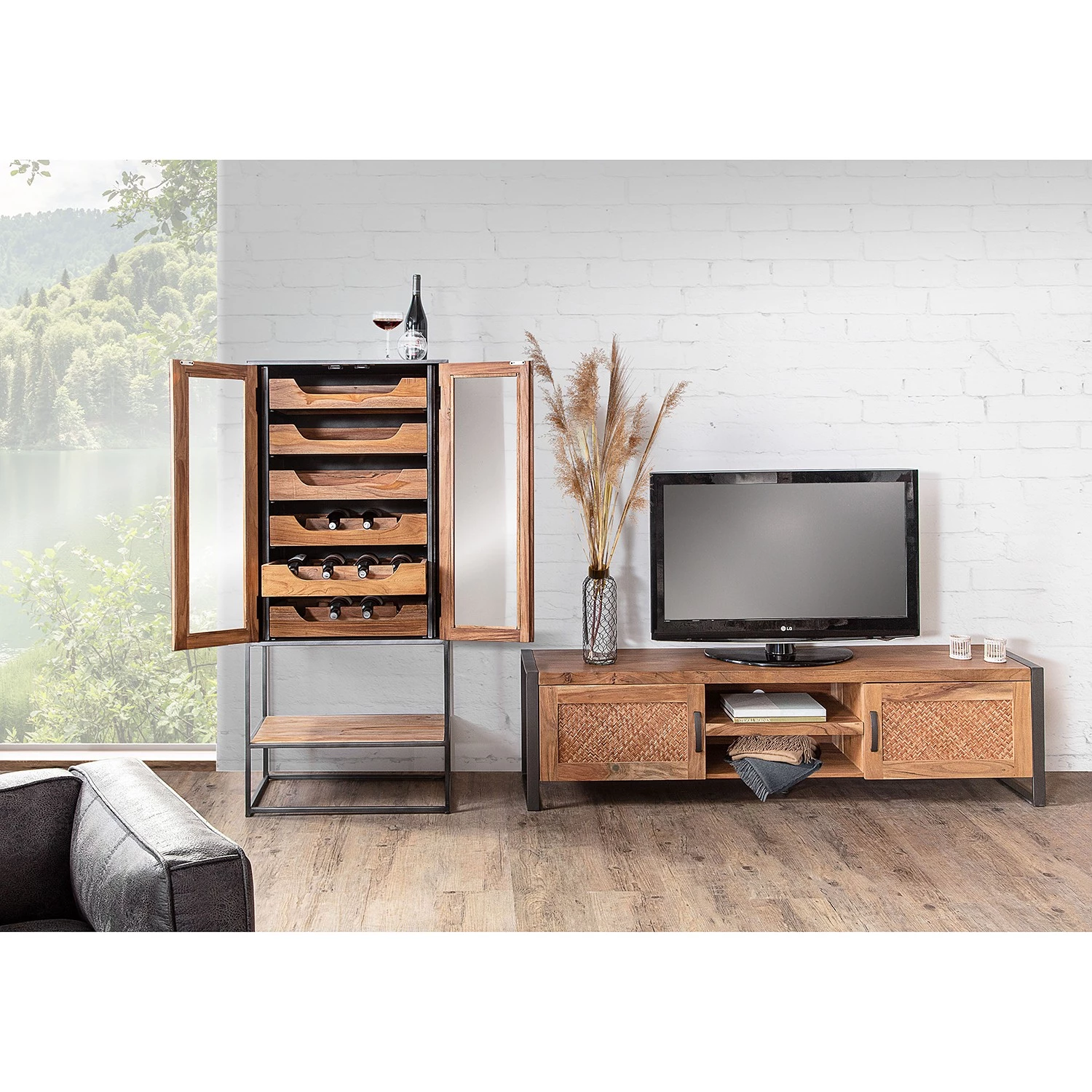 Red Living Armoire à vin Viessoix - Teck massif et acacia massif / Fer - Teck / Anthracite – Image 3