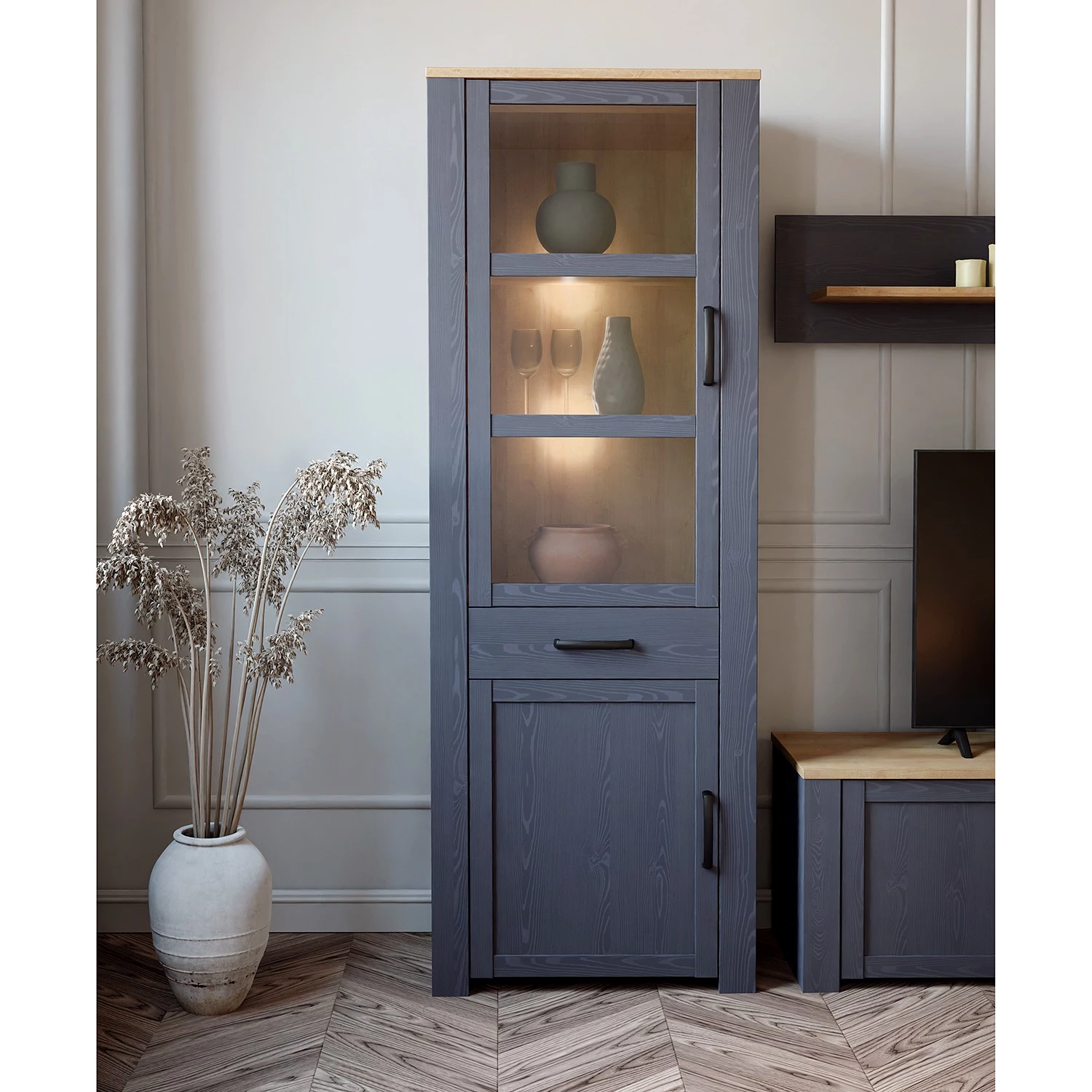 Ridgevalley Vitrine Vassia - Imitation chêne Navy / Imitation chêne Riviera – Image 2