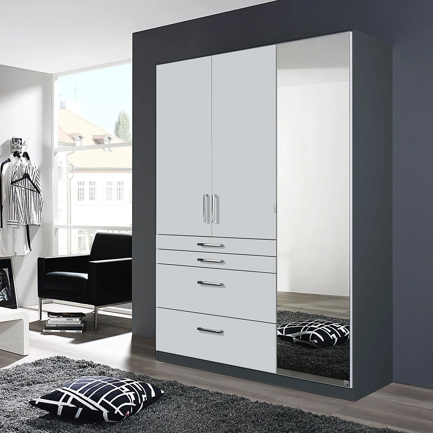 Rauch Blue Armoire Homburg II - Gris métallisé - Largeur : 136 cm - Avec portes miroir – Image 2
