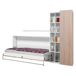 Loftscape Ensemble lit mural Godia I - Blanc / Imitation chêne de Sonoma - Matelas de mousse froide